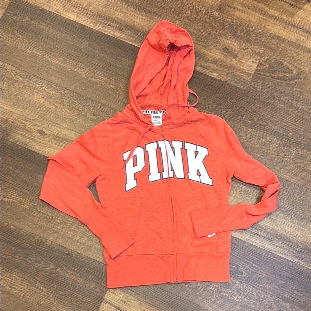 Victoria's Secret PINK Full Zip‎ Hoodie Womens XS Coral Orange Slub Knit Logo